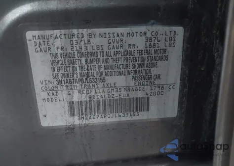 2018 Nissan Sentra Sv z USA, uszkodzony, nr VIN 3N1AB7AP0JL633155